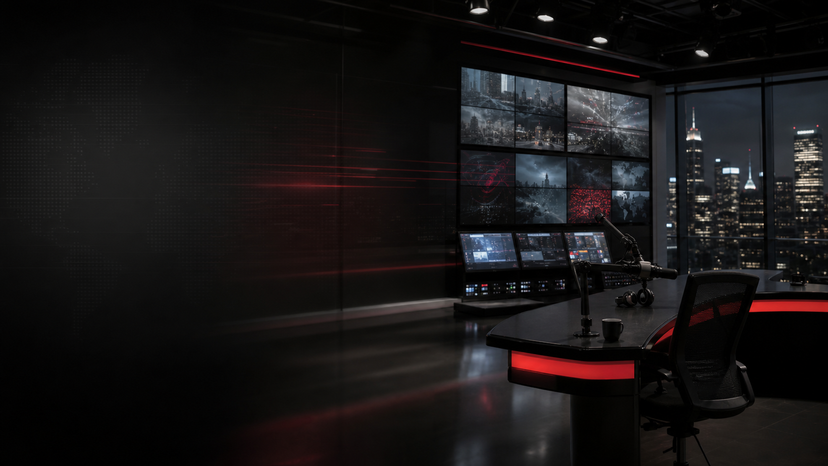 Modern newsroom with screens and city lights